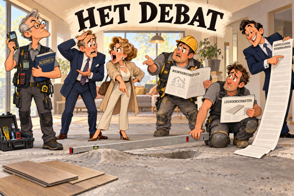 Illustratie van het debat over vloerenvlakheid tussen deskundige, aannemer, vloerenlegger en klant