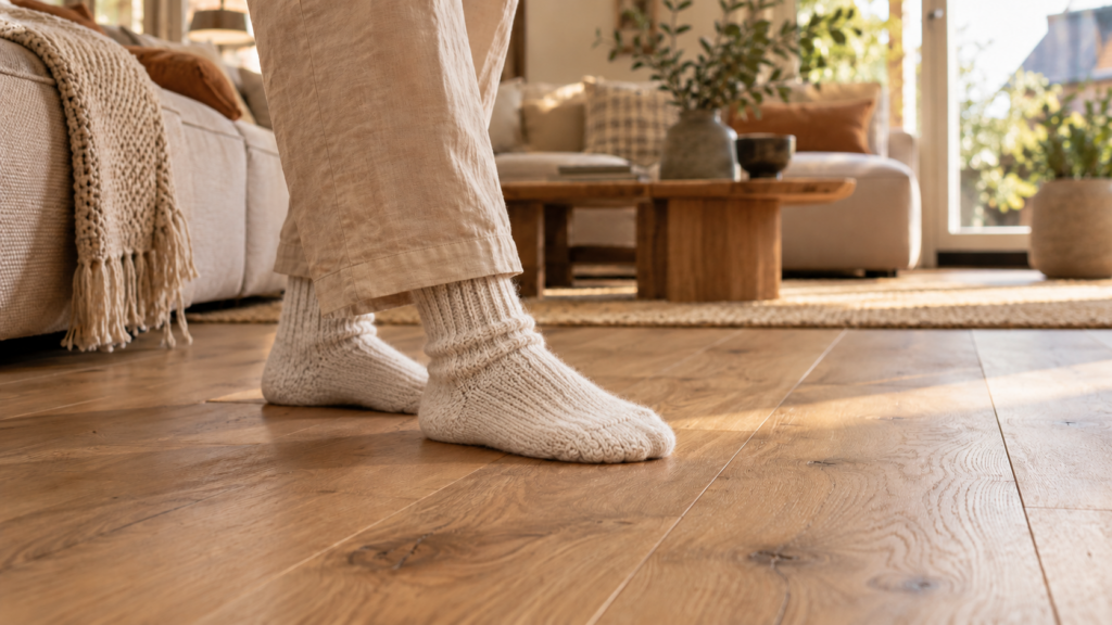 Witte wollen sokken op een warme eiken vloer met vloerverwarming